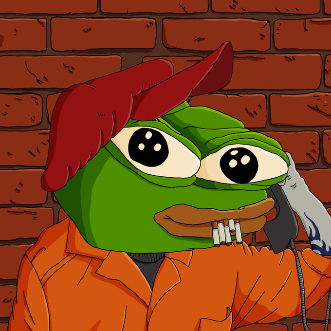Digital artwork of the Pepe the Frog meme character wearing a red cap and orange prison jumpsuit, holding a phone receiver to his ear against a brick wall background.