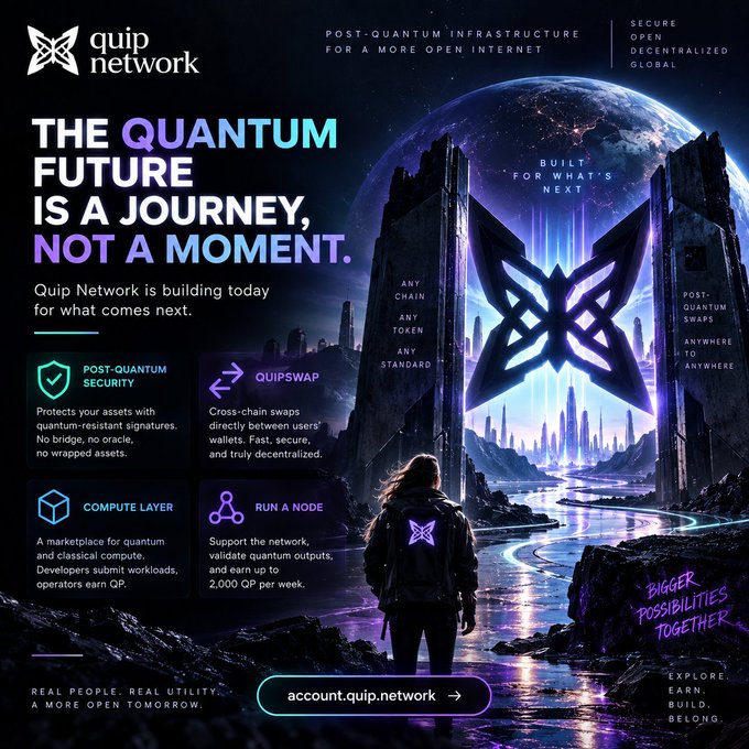 A promotional graphic for Quip Network titled 'THE QUANTUM FUTURE IS A JOURNEY, NOT A MOMENT,' featuring sections on Post-Quantum Security, QuipSwap, Compute Layer, and Run a Node, with the URL 'account.quip.network'.