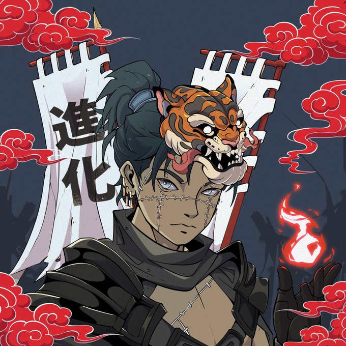 Anime-style fan art depicting a character with facial stitches holding a tiger mask partially over their head, with red clouds and banners in the background.