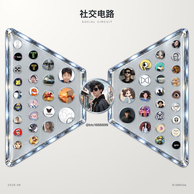 A promotional image for '社交电路' (Social Circuit) showing a bowtie-shaped design filled with various profile pictures in puzzle-like slots, dated 2026.09 with ID b58hv2we.