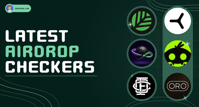 A promotional graphic titled "LATEST AIRDROP CHECKERS" featuring the datoma.res logo alongside circular icons representing various crypto airdrop projects, with the post highlighting 6 checkable airdrops including Canopy (CNPYNetwork), Solloop, and OneFootball (ofc_the_club).