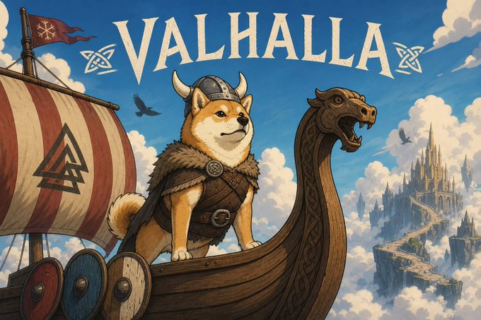 An illustration titled 'VALHALLA' features a Shiba Inu wearing a Viking helmet on a Viking ship, with a castle in the clouds in the background.