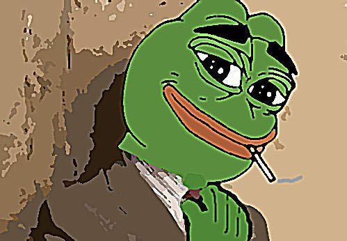 A pixel art illustration of the Pepe the Frog meme dressed as a Victorian-era gentleman in a dark coat, holding a cigarette in his mouth.