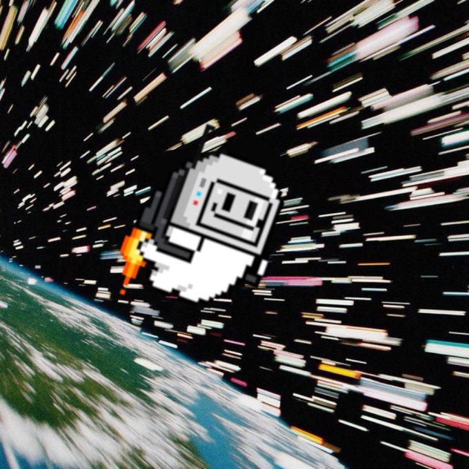 A pixelated white Nyan Cat character with a Pop-Tart body flies through space above Earth, leaving a colorful starry trail streaked against a starfield background.