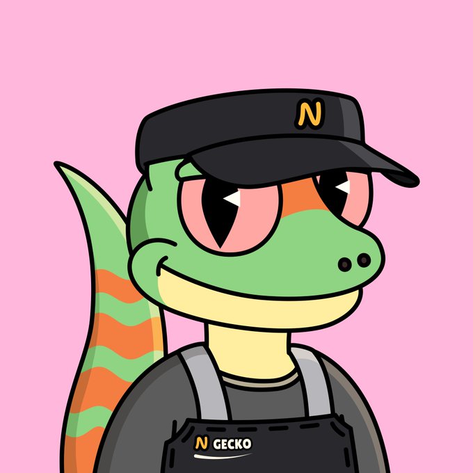 A cartoon green gecko character wearing a black visor cap with 'N' and black overalls labeled 'N GECKO' against a pink background.