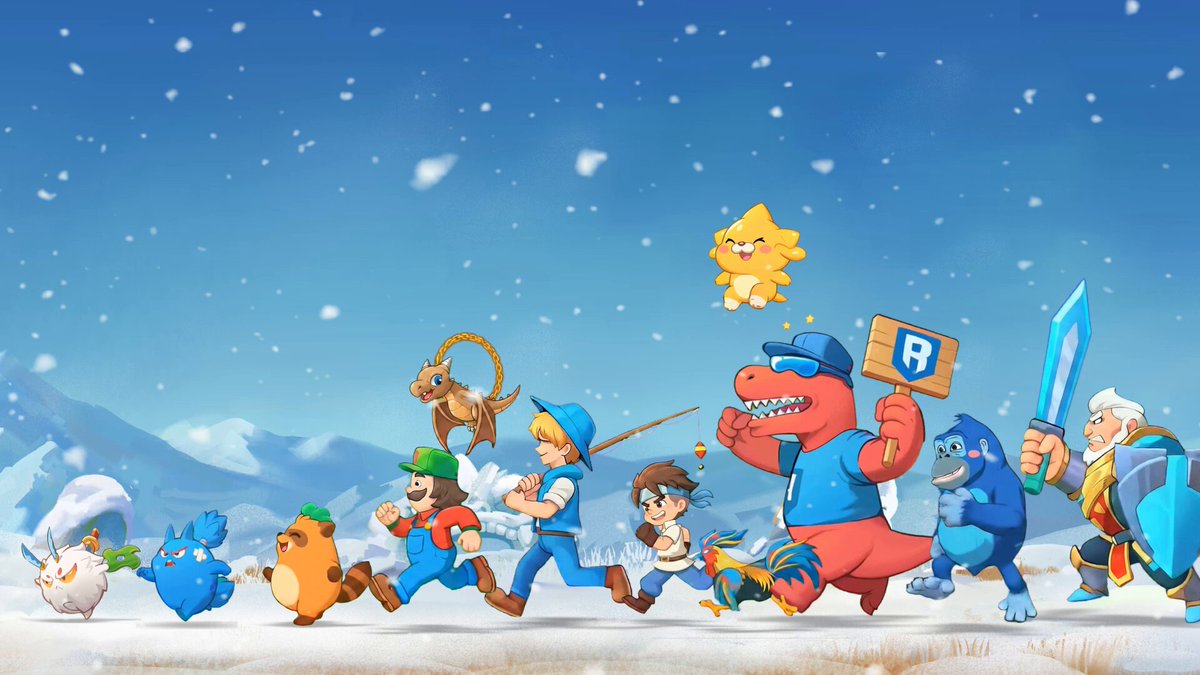 The image features a cartoon character line up for a photo, with each person wearing blue clothing. The characters include a dinosaur, a dragon, and other animals such as a bird and an orange fish. They are all dressed in winter clothes, suggesting that they might be on a snowy day or near the ocean. In the background, there is a mountain range, adding to the overall setting of the image.