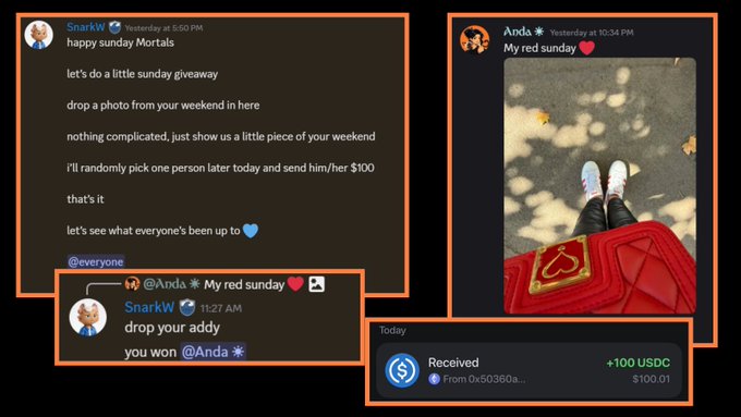 Discord screenshots showing a giveaway by "SnarkW" where a participant named "Anda" wins and receives "+100 USDC $100.01".