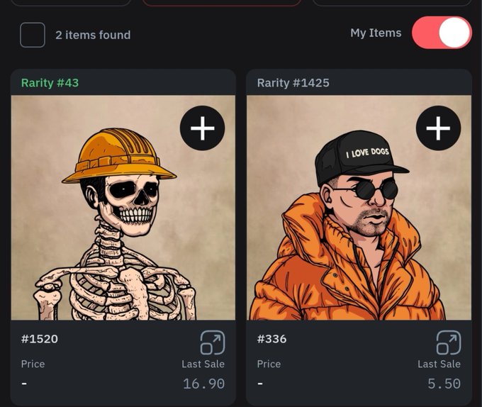 A digital marketplace interface displaying two NFT items: a skeleton in a hard hat (#1520) and a man wearing an 'I LOVE DOGS' cap (#336), with rarity rankings #43 and #1425.