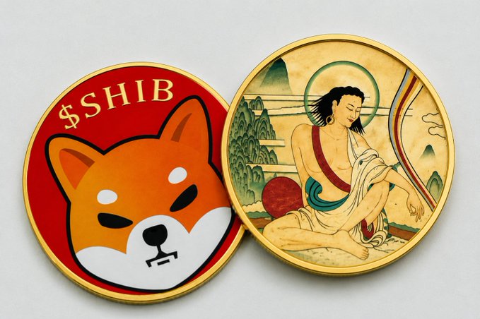 Two commemorative coins displayed on a surface, one featuring the Shiba Inu logo with '$SHIB' text and the other depicting a Buddhist figure in traditional art style.