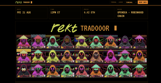 A 'rekt TRADOOR' NFT listing page on OpenSea dated Friday 21 Aug at 12PM ET, priced at 0.02 ETH, featuring pixelated grim reaper characters under 'BUYER: OPENSEA • ROBINHOOD CHAIN'.