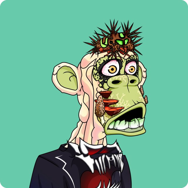 A grotesque cartoon Mutant Ape Yacht Club character wearing a formal tuxedo, with bulging eyes, exposed teeth, and a spiky creature perched atop its head. The image aligns with the post celebrating a newly acquired MAYC NFT won through the Ape Church tournament.