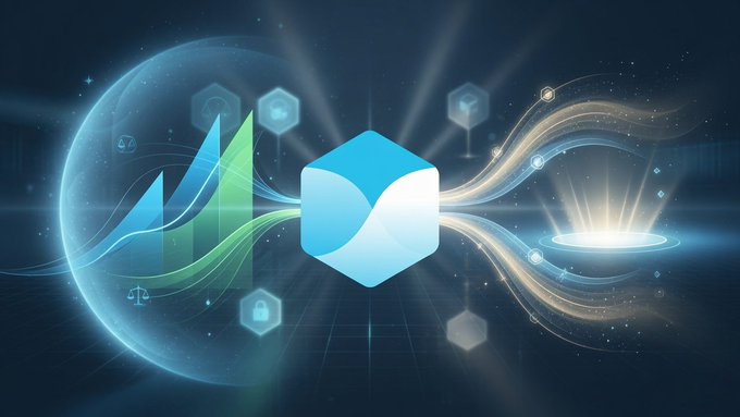 A digital artwork featuring a glowing blue and white 3D cube logo at the center, surrounded by abstract energy waves, floating hexagonal icons (including a lock and scale), and rising bar chart elements against a dark, tech-themed background.