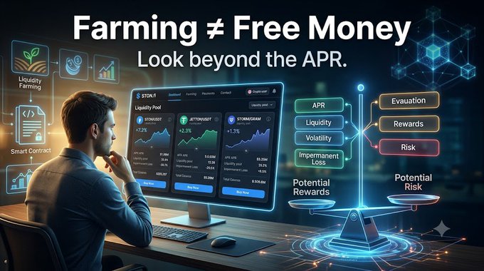 A digital illustration titled 'Farming ≠ Free Money - Look beyond the APR' showing a man analyzing crypto liquidity pools on a trading dashboard, with a balance scale weighing 'Potential Rewards' (APR, Liquidity, Volatility, Impermanent Loss) against 'Potential Risk' (Evacuation, Rewards, Risk).