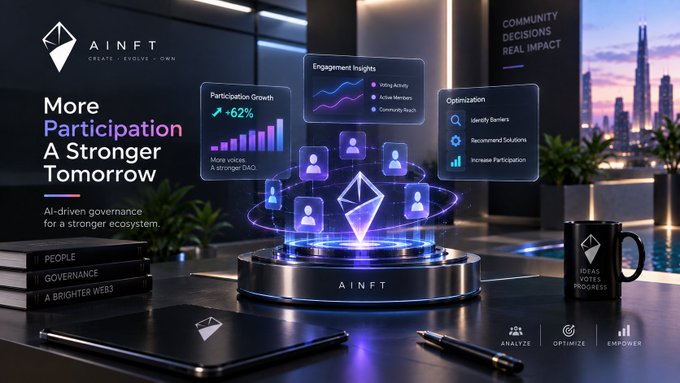 A promotional graphic for AINFT featuring the text 'More Participation, A Stronger Tomorrow' alongside 3D-rendered holographic charts showing a +62% participation growth and engagement insights.