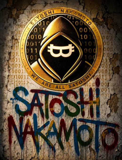 Street art/graffiti style artwork featuring a gold Bitcoin-like coin with a hooded figure and 'SATOSHI NAKAMOTO' inscription, with 'WE ARE ALL SATOSHI' text and colorful drip-style 'SATOSHI NAKAMOTO' lettering against a binary code background.