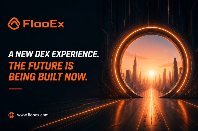 A promotional banner for FlooEx featuring a futuristic orange-glowing portal overlooking a sci-fi cityscape at sunset, with the text "A NEW DEX EXPERIENCE. THE FUTURE IS BEING BUILT NOW." and the website www.flooex.com. The image visually reinforces the post's message about redefining trading through a new, forward-looking DEX platform experience.