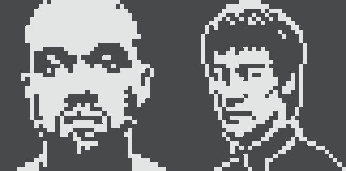 A pixel art style image showing two white figures with sunglasses and a mustache, alongside another figure wearing glasses, on a dark blue background.