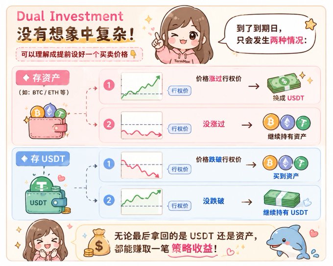 A cute illustrated infographic explaining 'Dual Investment' in Chinese, showing two scenarios for holding crypto vs USDT with strike prices, featuring a TermMax mascot character.
