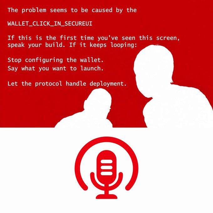 A red error screen displays text about 'WALLET_CLICK_IN_SECUREUI' instructions for protocol deployment, featuring silhouettes of two people and a microphone icon at the bottom.