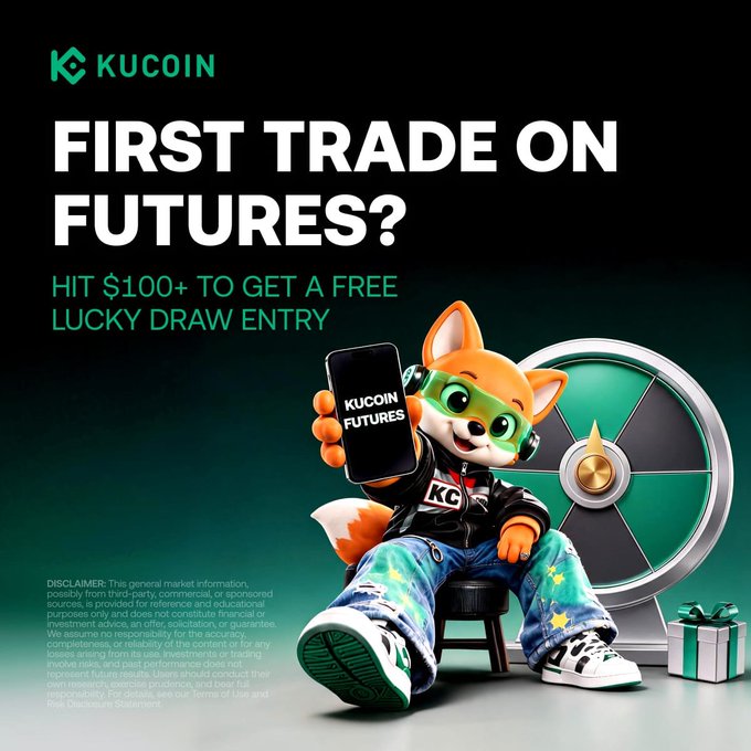 A KuCoin promotional graphic features the brand's fox mascot holding a "KuCoin Futures" phone beside a prize wheel, advertising the message: "FIRST TRADE ON FUTURES? HIT $100+ TO GET A FREE LUCKY DRAW ENTRY." The image visually reinforces the campaign's call to action, encouraging users to make their first futures trade for a chance to enter a 100,000 GNOT reward pool lucky draw.