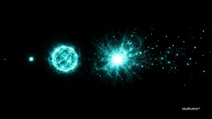 The image shows a dark space scene with a glowing cyan/blue explosion of particles emanating from a bright starburst, with a smaller ringed celestial body to the left and the text "MultiversX" in the bottom right corner. The cosmic imagery visually reinforces the post's message about value moving at "the speed of software" and the upcoming "Supernova" event on September 10, using the explosion of light as a metaphor for a transformative new era for the MultiversX ecosystem.