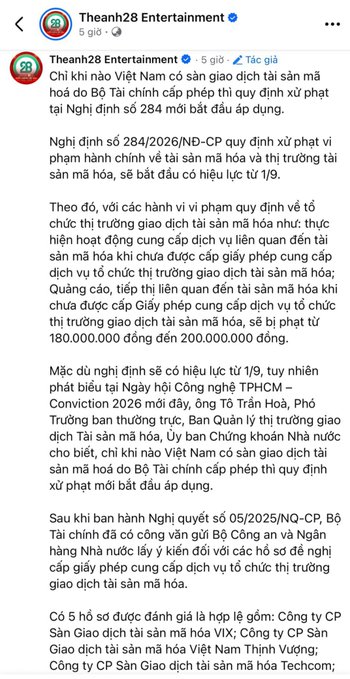 Vietnamese Facebook post from 'Theanh28 Entertainment' announcing that crypto asset trading services officially begin on 9/1 according to Decree 284/2026.
