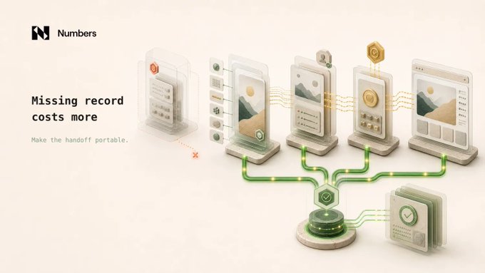 A promotional graphic for "Numbers" with the tagline "Missing record costs more - Make the handoff portable," showing an isometric illustration of mobile interfaces connected by flowing data lines.
