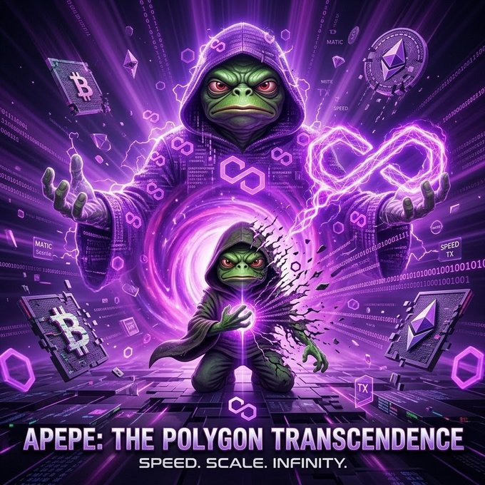 The image features a poster for "Apepe: The Polygon Transcendence", which is an album cover for a video game called "Transcendence". The background of the poster is purple, with various elements related to the game displayed in the center and surrounding areas. One of these elements includes a green frog character wearing a hooded robe holding a sword, surrounded by other characters from the game. The text on the poster reads: "The future of speed is here, and it' s built on Polygon. @APEPE_MEME @0xPolygon #APEPECreator #Polygon".