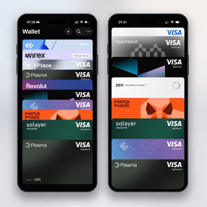 Two smartphones display a digital wallet app containing various crypto-linked Visa cards, including Wirex, XPlace, Plasma, Revolut, Hyperbeat, MetaMask, solayer, and Zen cards (Platinum and Signature tiers), illustrating the range of crypto card products available to consumers—the very products discussed in the post about interchange fees and card issuer revenue.