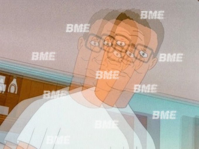 Animated image of Hank Hill from King of the Hill with a glitch effect creating multiple overlapping transparent faces, overlaid with repeated "BME" text watermarks, humorously visualizing the idea of doing "X" as a full-time job through the frantic, multiplied appearance.