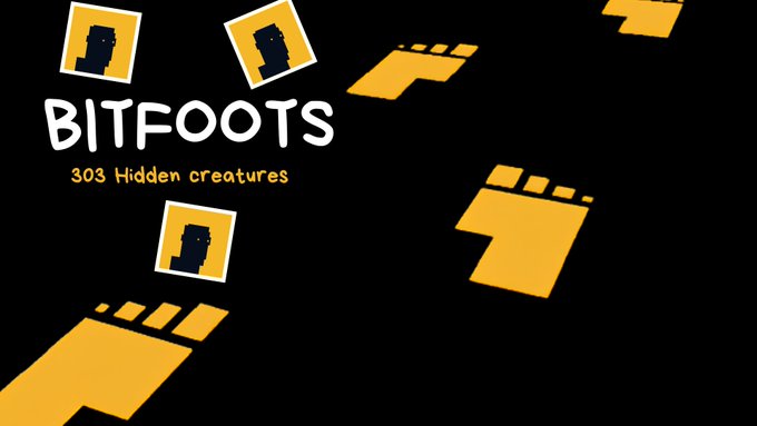 A promotional graphic for "BITFOOTS" advertising "303 Hidden creatures," featuring pixelated orange footprints and characters on a black background.