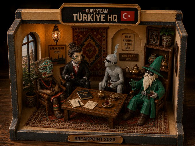 A detailed 3D miniature diorama titled 'SUPERTEAM TÜRKIYE HQ' featuring masked and costumed figures around a tea table, dated 'BREAKPOINT 2026'.