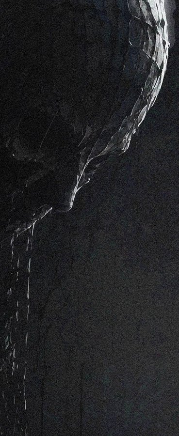 A dark, moody photograph showing thin streaks of light or water reflecting against a predominantly black background.