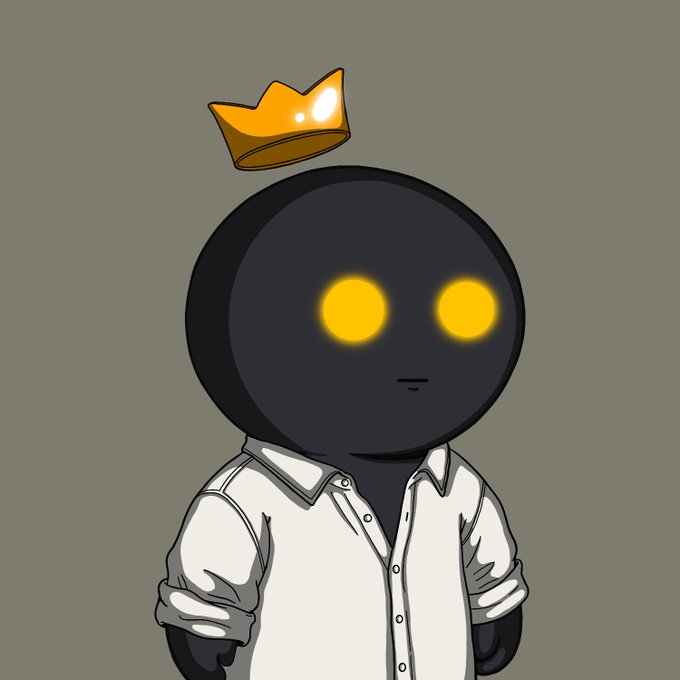 Digital illustration of a black spherical-headed character with glowing yellow eyes, wearing a white button-up shirt and a floating golden crown above its head against a muted green background.
