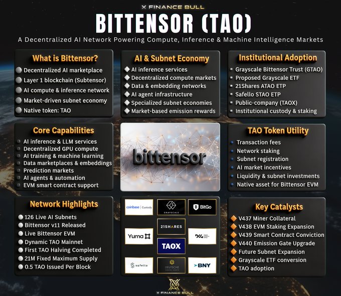 The image is a detailed infographic titled "BITTENSOR (TAO)" from Finance Bull, outlining the decentralized AI network's features, including its Layer 1 blockchain, AI inference services, 126 live AI subnets, institutional adoption via Grayscale Bittensor Trust (TAO), key catalysts like the V437-V440 upgrades, and ecosystem partners such as Yuma, ZisHa, 21Shares, Safello, and BNY. It visually reinforces the post's claim that Bittensor isn't just putting "AI on blockchain," but is building open, market-driven economies for AI inference and compute services.