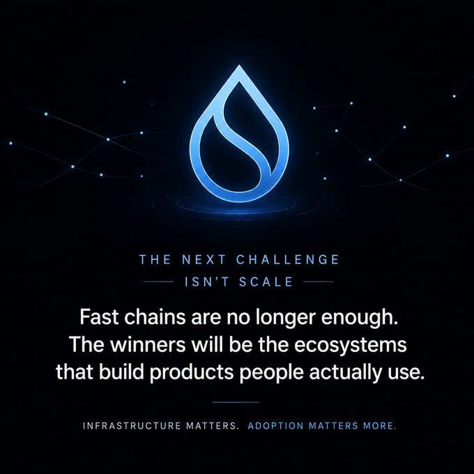 A promotional graphic for Sui blockchain featuring a blue water drop logo with the text 'THE NEXT CHALLENGE ISN'T SCALE' and 'Fast chains are no longer enough. The winners will be the ecosystems that build products people actually use. INFRASTRUCTURE MATTERS. ADOPTION MATTERS MORE.'