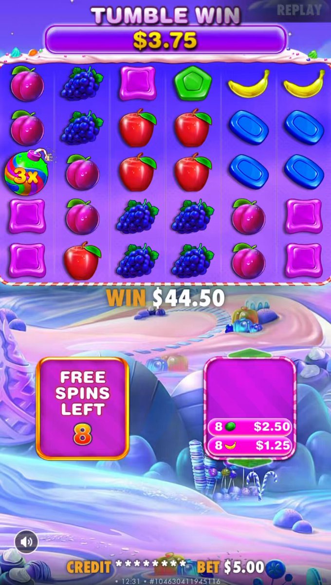 The image shows a video game advertisement, specifically promoting Tumble Win with the goal of attracting players by offering a $3M reward for completing a 30-second mini-game. The advertisement includes an eye-catching blue background featuring various fruit items such as apples and bananas. A small purple button labeled "Free spins left" is displayed in the lower right corner, suggesting that players can spin virtual wheels with a chance to win even more prizes if they participate.