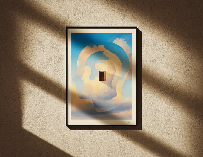 A framed abstract art print featuring swirling blue, gold, and white cloud-like patterns hangs on a textured beige wall, illuminated by diagonal shadow lines from window blinds.