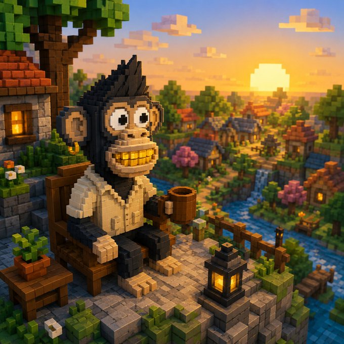 A pixel art/minecraft-style scene of a monkey character in a vest sitting on a bench with a cup, overlooking a village at sunset.