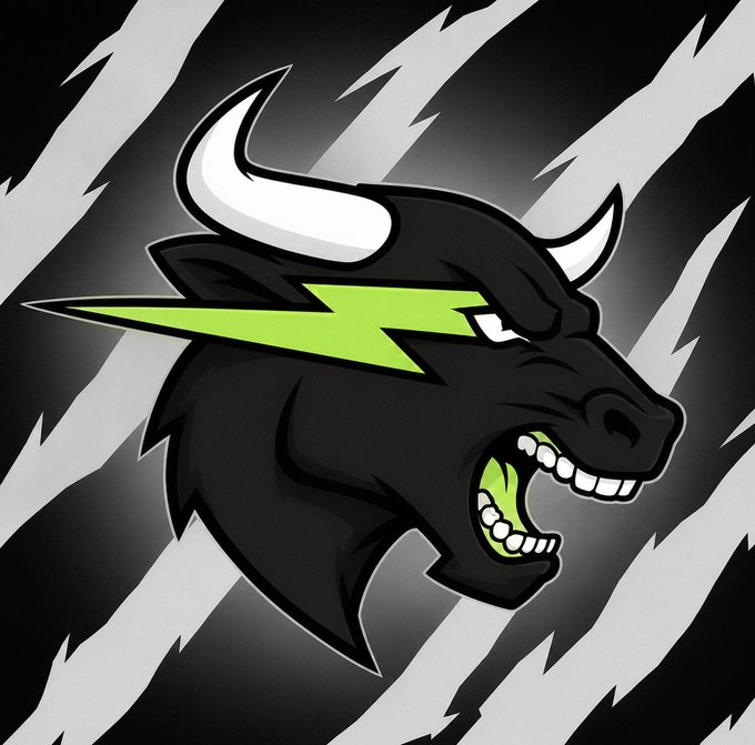 An illustration of an angry black bull with a green lightning bolt across its eye, set against a black and grey lightning-streaked background.