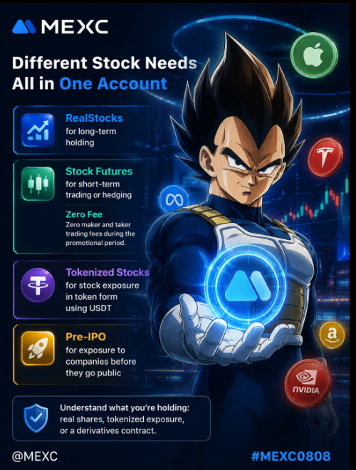 An MEXC cryptocurrency exchange advertisement featuring a Vegeta-style anime character, highlighting RealStocks, Stock Futures, Zero Fee trading, Tokenized Stocks, and Pre-IPO with an Apple logo and code #MEXC0808.