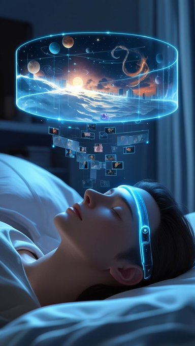 Digital art illustration of a person wearing a futuristic headband while sleeping, with a holographic projection of planets, galaxies, and floating video thumbnails emanating above them.