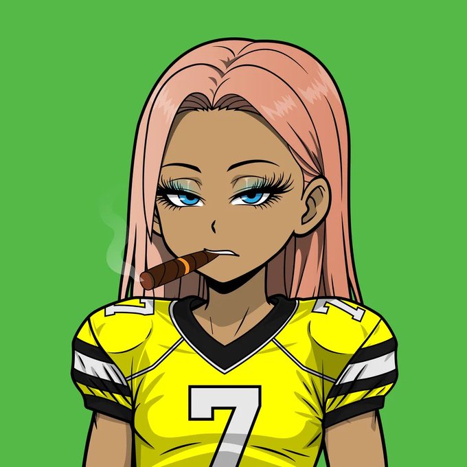 An anime-style illustration of a confident woman with long pink hair and striking blue eyes smoking a cigar, wearing a yellow #7 sports jersey against a green screen background. The edgy, self-assured "Tatakae" (fight/conquer) aesthetic pairs with the post's rallying tone, framing the character as a bold, powerful mascot urging viewers to join the cause.