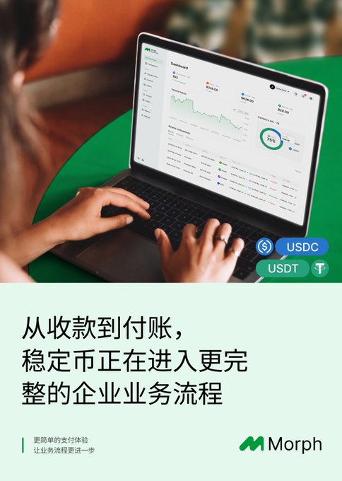 A promotional advertisement for Morph showing a person using a laptop with a dashboard interface, featuring USDC and USDT stablecoin logos, and Chinese text about stablecoins in business workflows.