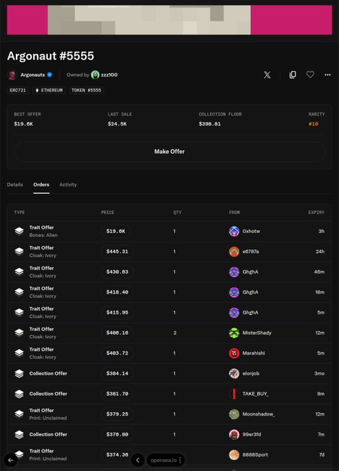An OpenSea NFT listing page for 'Argonaut #5555' on Ethereum, showing a best offer of $19.6K, last sale of $24.5K, collection floor of $396.81, and rarity #10, along with a list of active trait and collection offers.