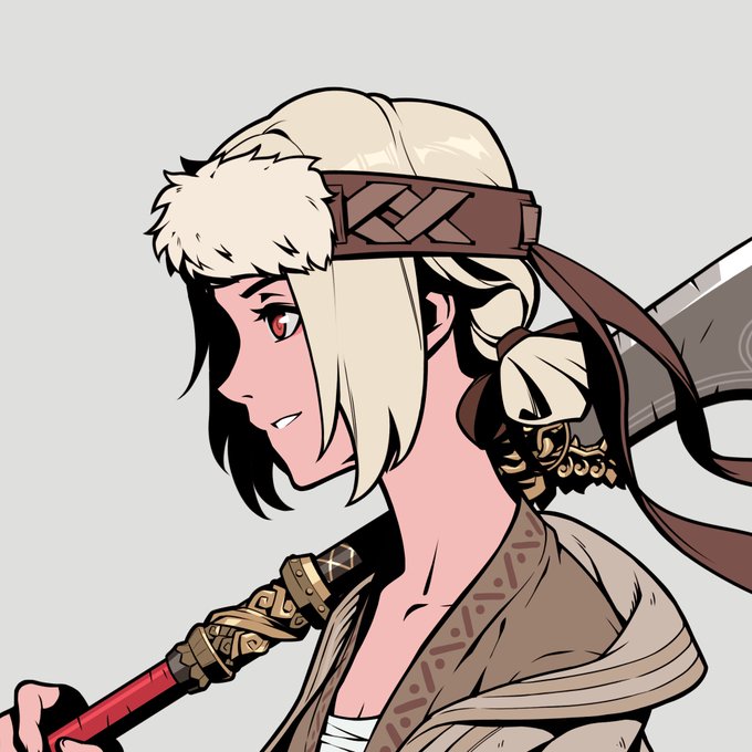 An anime-style illustration of a blonde warrior character with red eyes, wearing a brown headband and tunic, carrying a large weapon on their back.