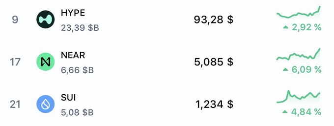 A cryptocurrency market listing showing HYPE ($93.28, +2.92%, market cap $23.39B) at rank 9, NEAR ($5.085, +6.09%, $6.66B) at rank 17, and SUI ($1.234, +4.84%, $5.08B) at rank 21, all with upward price charts.