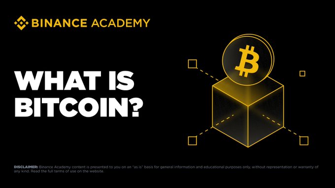 A Binance Academy graphic featuring a gold Bitcoin coin emerging from a black cube, headlined "WHAT IS BITCOIN?"—positioned as an educational explainer for readers questioning why BTC has rebounded above $64K after erasing June's losses.
