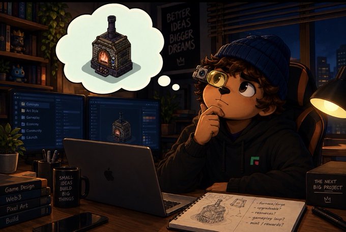 A cartoon-style illustration of a boy in a beanie and glasses sitting at a desk with a laptop, thinking about a fireplace design, with a sign reading 'BETTER IDEAS BIGGER DREAMS' in the background.