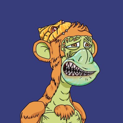 A cartoon-style NFT illustration of an orange monkey with a green face and sharp teeth against a solid blue background.